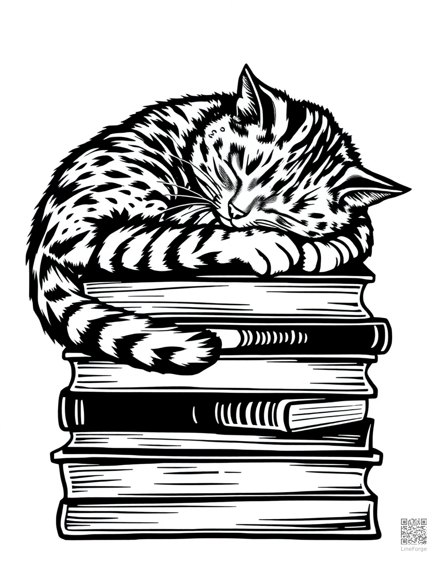 tabby cat sleeping curled up on a stack of books coloring page Woodcut style free printable