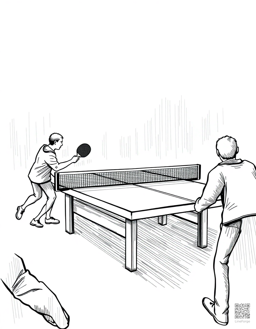 table tennis rally in action coloring page Crosshatch style - free printable