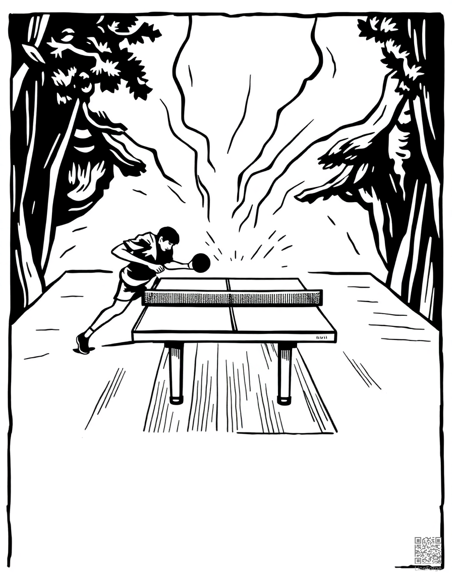 table tennis rally in action coloring page Woodcut style - free printable