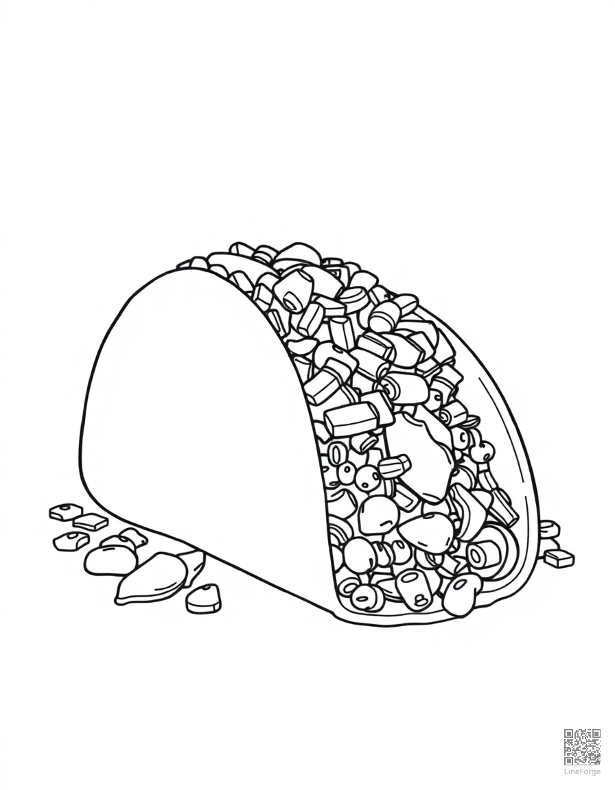 taco with all the fillings spilling out coloring page Contour style - free printable