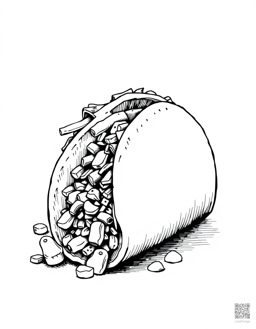taco with all the fillings spilling out coloring page Crosshatch style - free printable