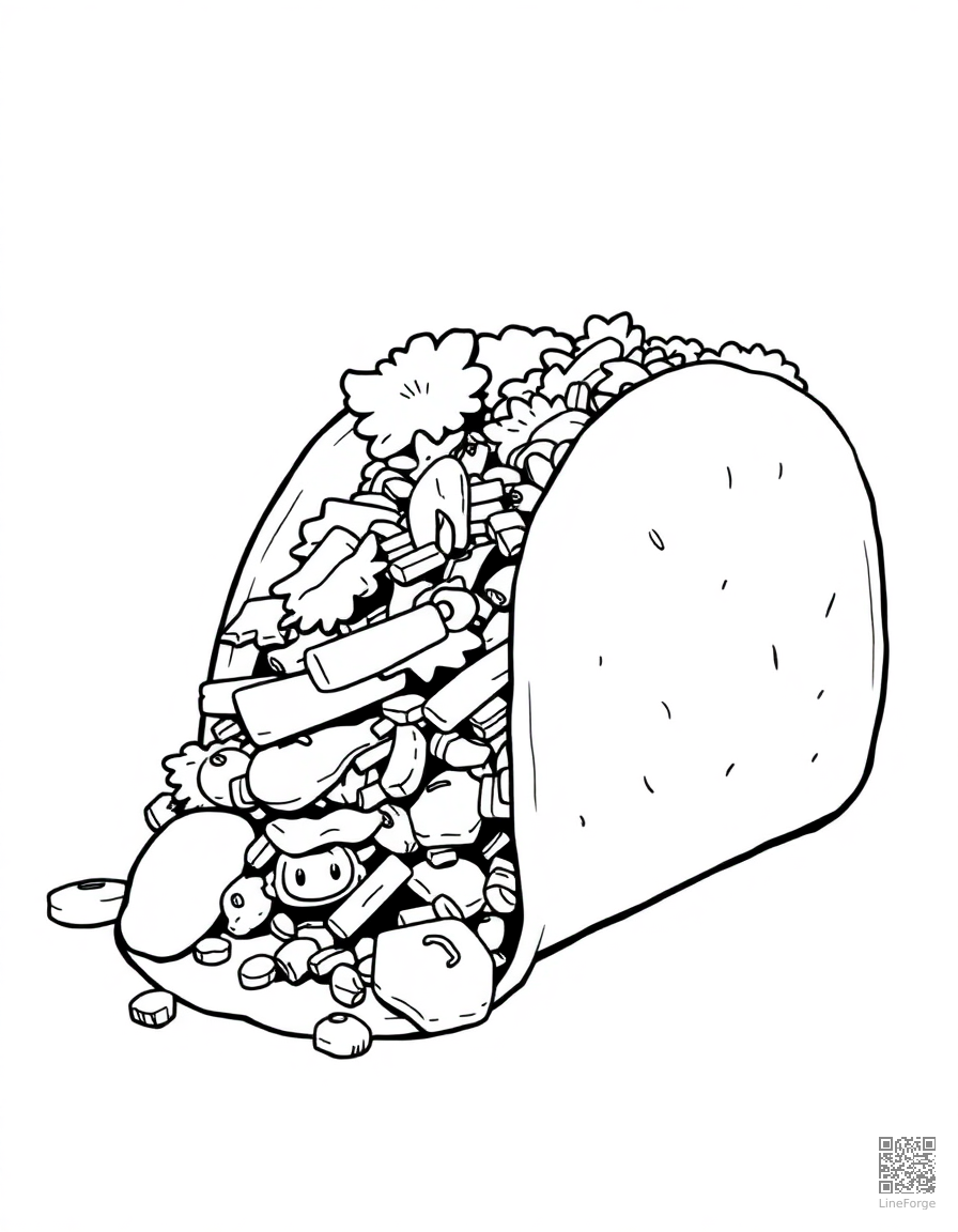 taco with all the fillings spilling out coloring page Manga style - free printable