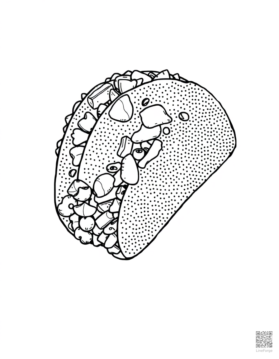taco with all the fillings spilling out coloring page Stipple style - free printable