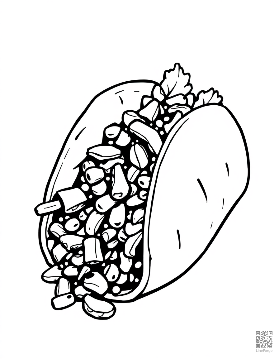taco with all the fillings spilling out coloring page Woodcut style - free printable