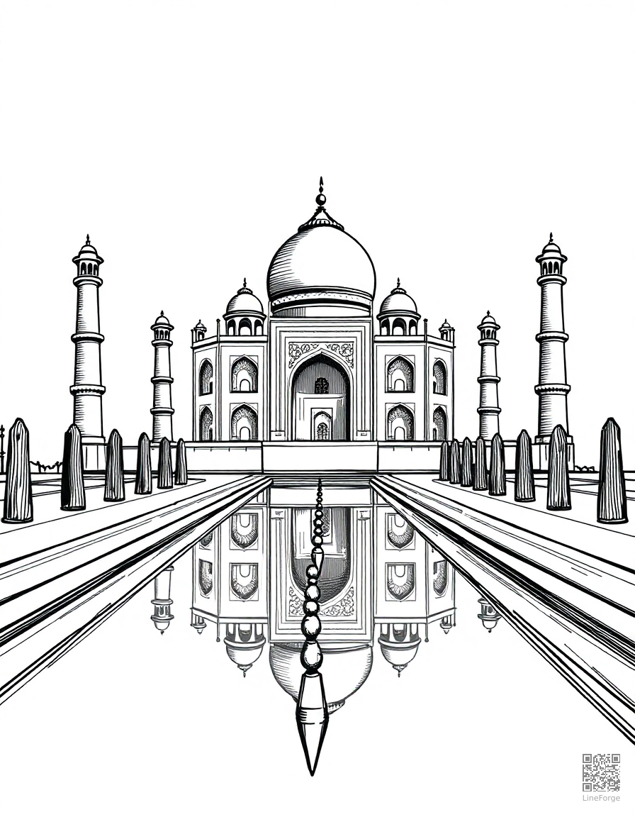 taj mahal with reflecting pool coloring page Crosshatch style - free printable