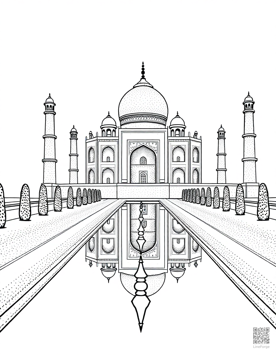 taj mahal with reflecting pool coloring page Stipple style - free printable