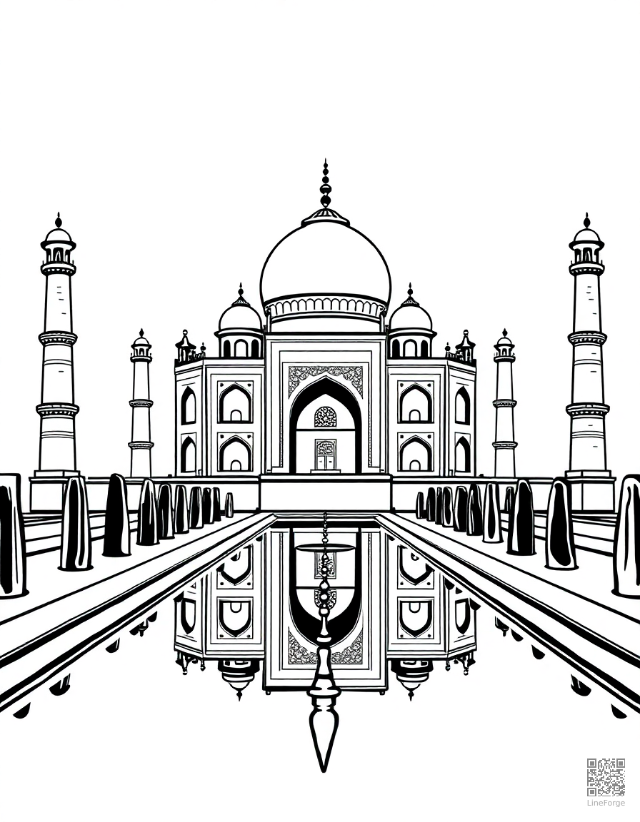taj mahal with reflecting pool coloring page Woodcut style - free printable