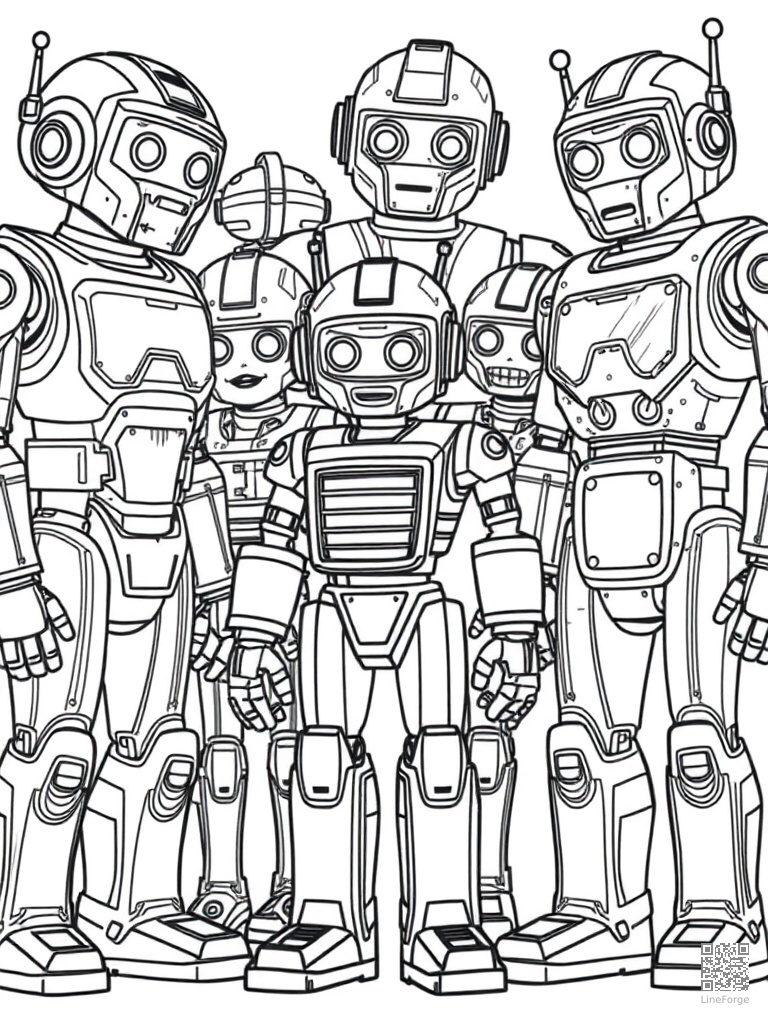 Team of diverse robots working together coloring page Contour style free printable
