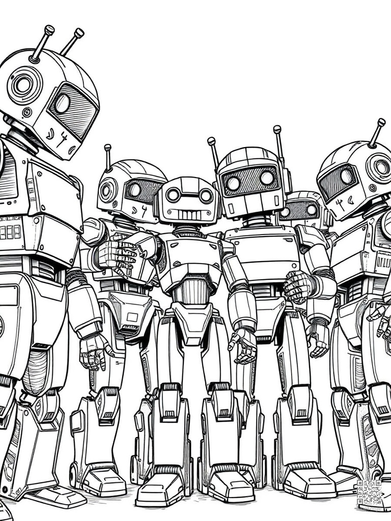 Team of diverse robots working together coloring page Crosshatch style free printable