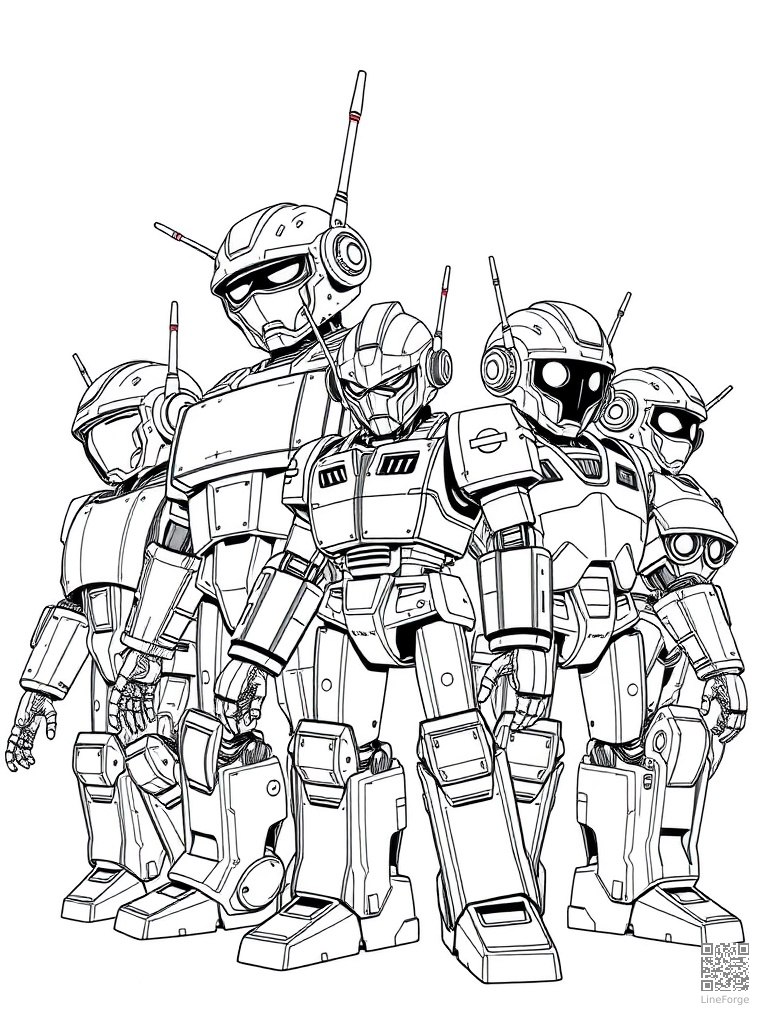 Team of diverse robots working together coloring page Manga style free printable