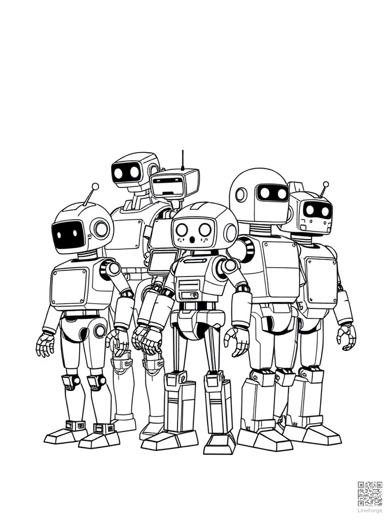 Team of diverse robots working together coloring page Minimal style free printable