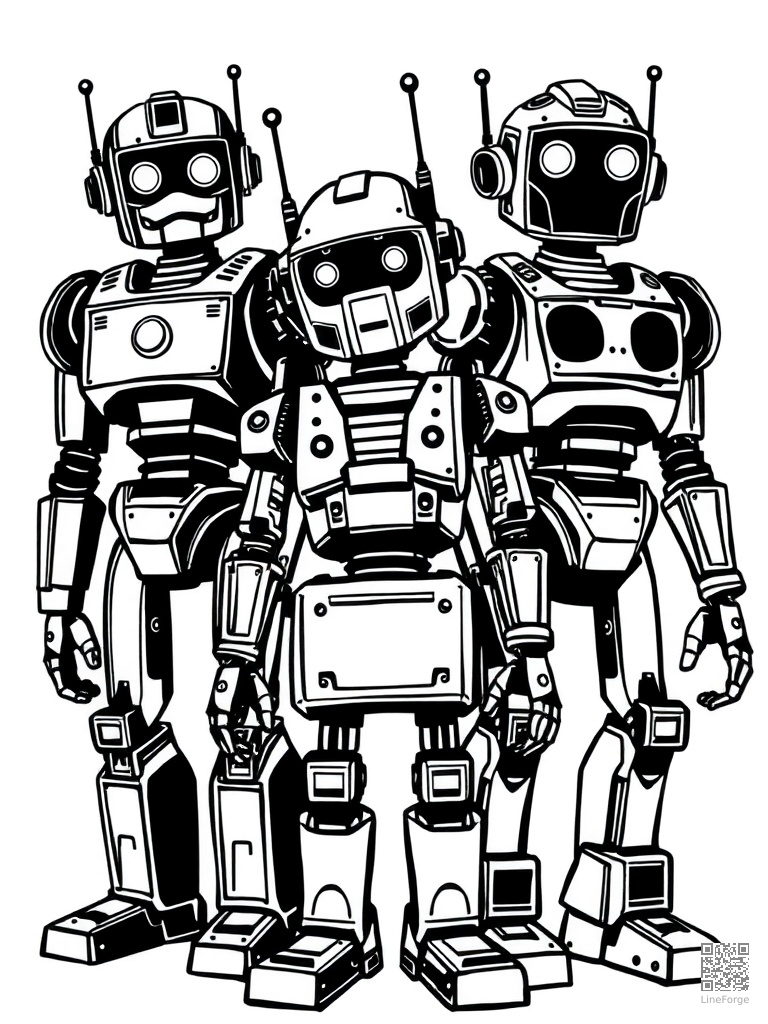 Team of diverse robots working together coloring page Woodcut style free printable