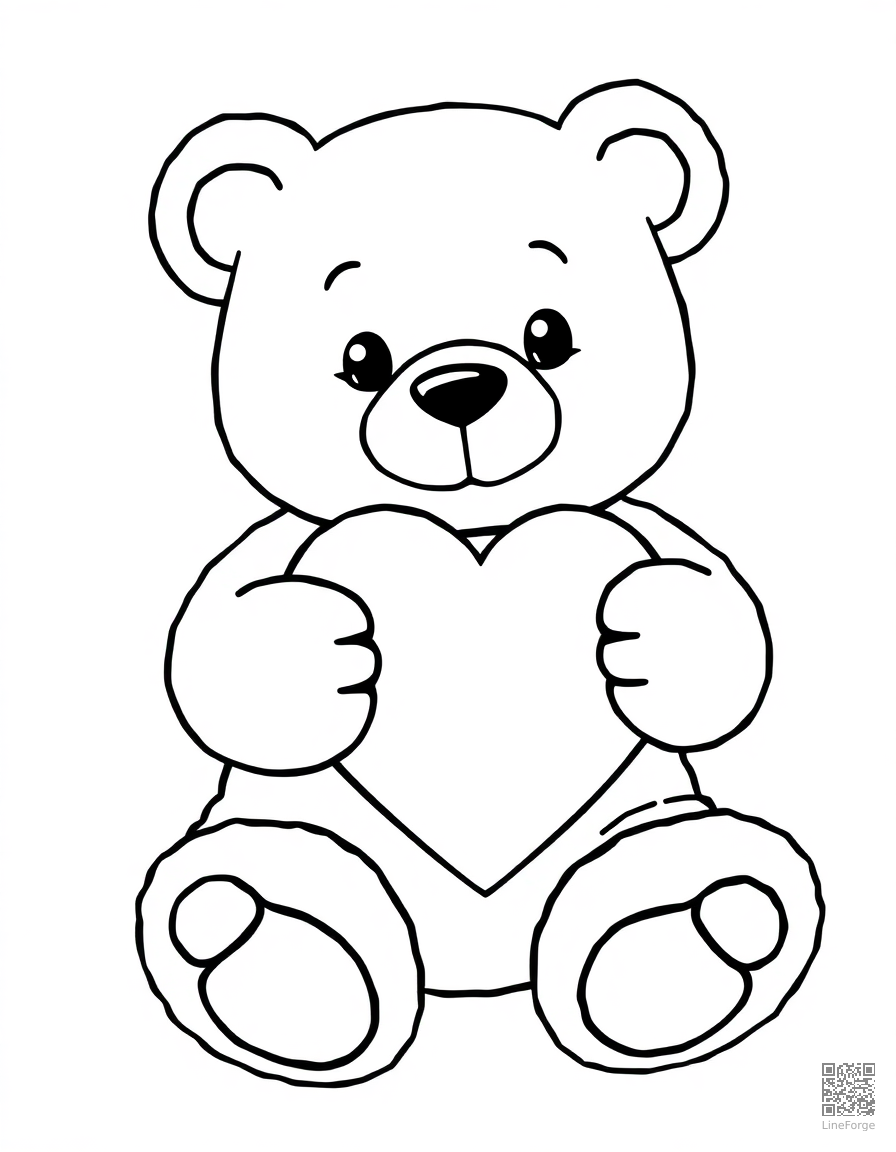 Free teddy bear holding a heart coloring page in contour style — printable line art