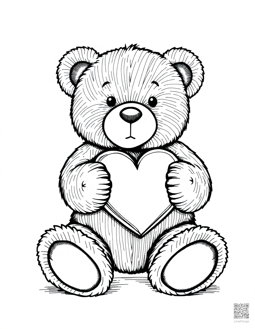 Free teddy bear holding a heart coloring page in crosshatch style — printable line art