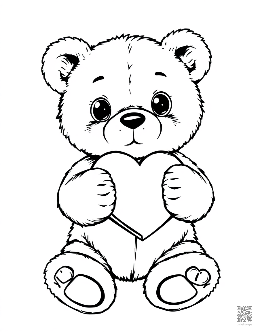 Free teddy bear holding a heart coloring page in manga style — printable line art