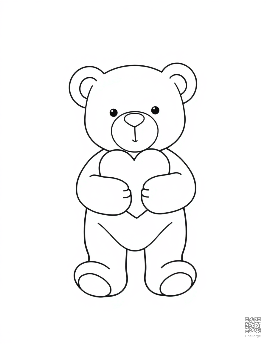 Free teddy bear holding a heart coloring page in minimal style — printable line art
