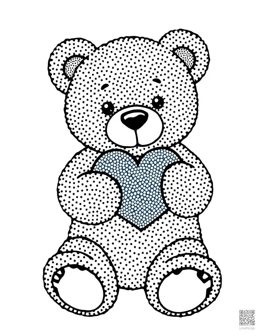Free teddy bear holding a heart coloring page in stipple style — printable line art