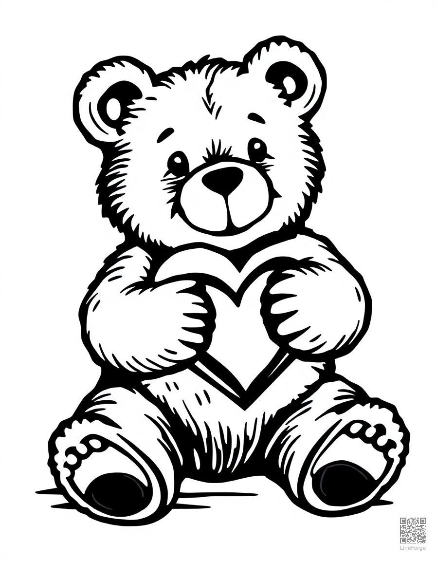 Free teddy bear holding a heart coloring page in woodcut style — printable line art