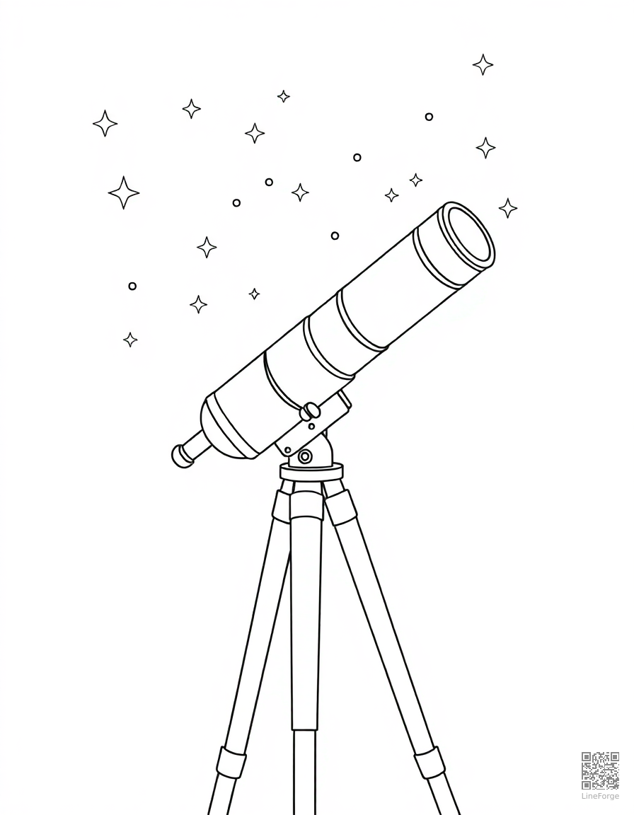 Free telescope pointed at the stars coloring page in contour style — printable line art