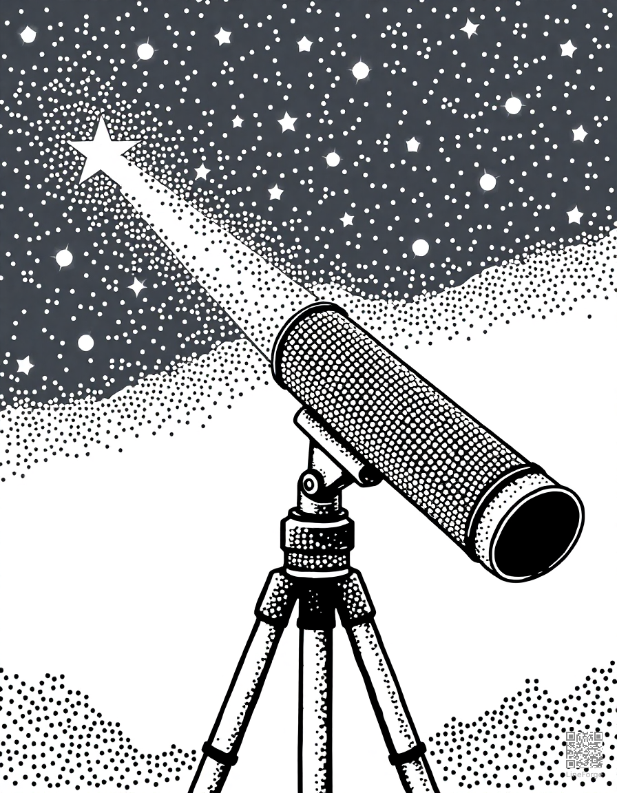 Free telescope pointed at the stars coloring page in stipple style — printable line art