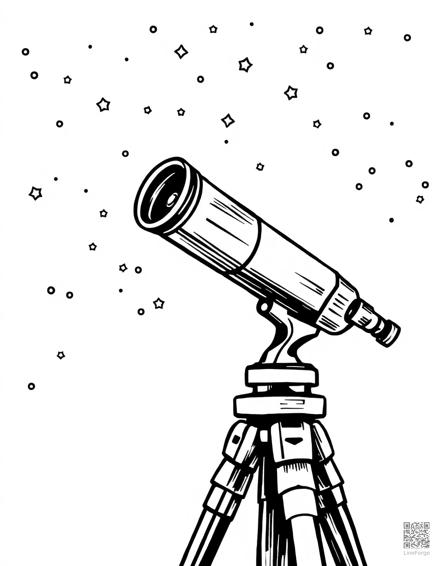 telescope pointed at the stars coloring page Woodcut style - free printable