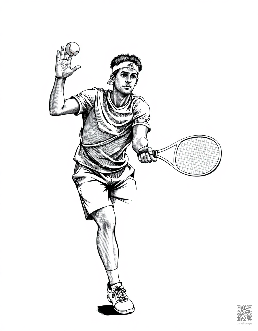 tennis player serving the ball coloring page Crosshatch style - free printable