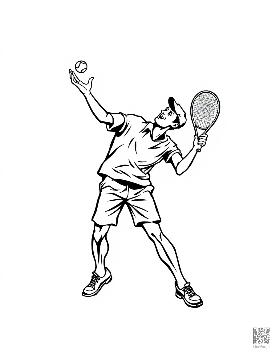 tennis player serving the ball coloring page Woodcut style - free printable