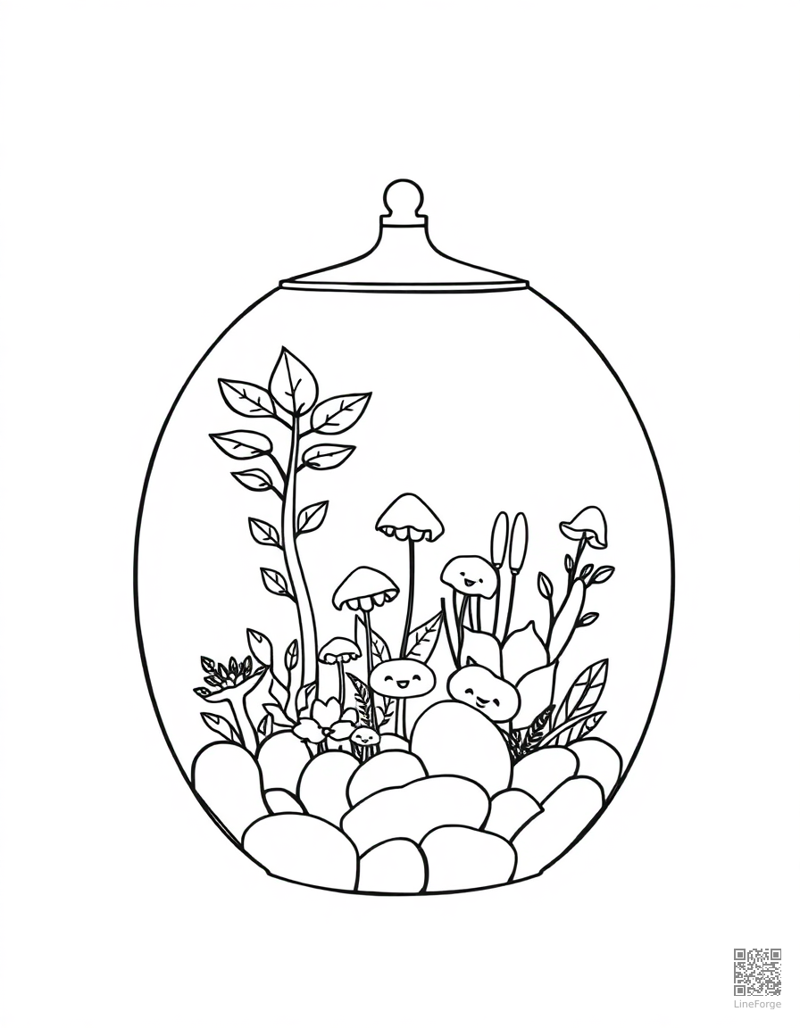 terrarium with tiny plants and mushrooms coloring page Contour style - free printable
