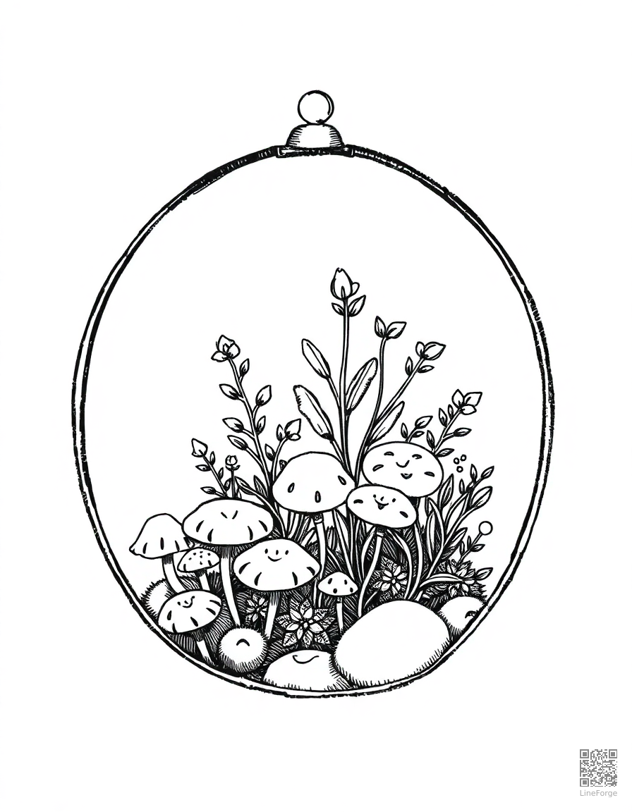 terrarium with tiny plants and mushrooms coloring page Crosshatch style - free printable