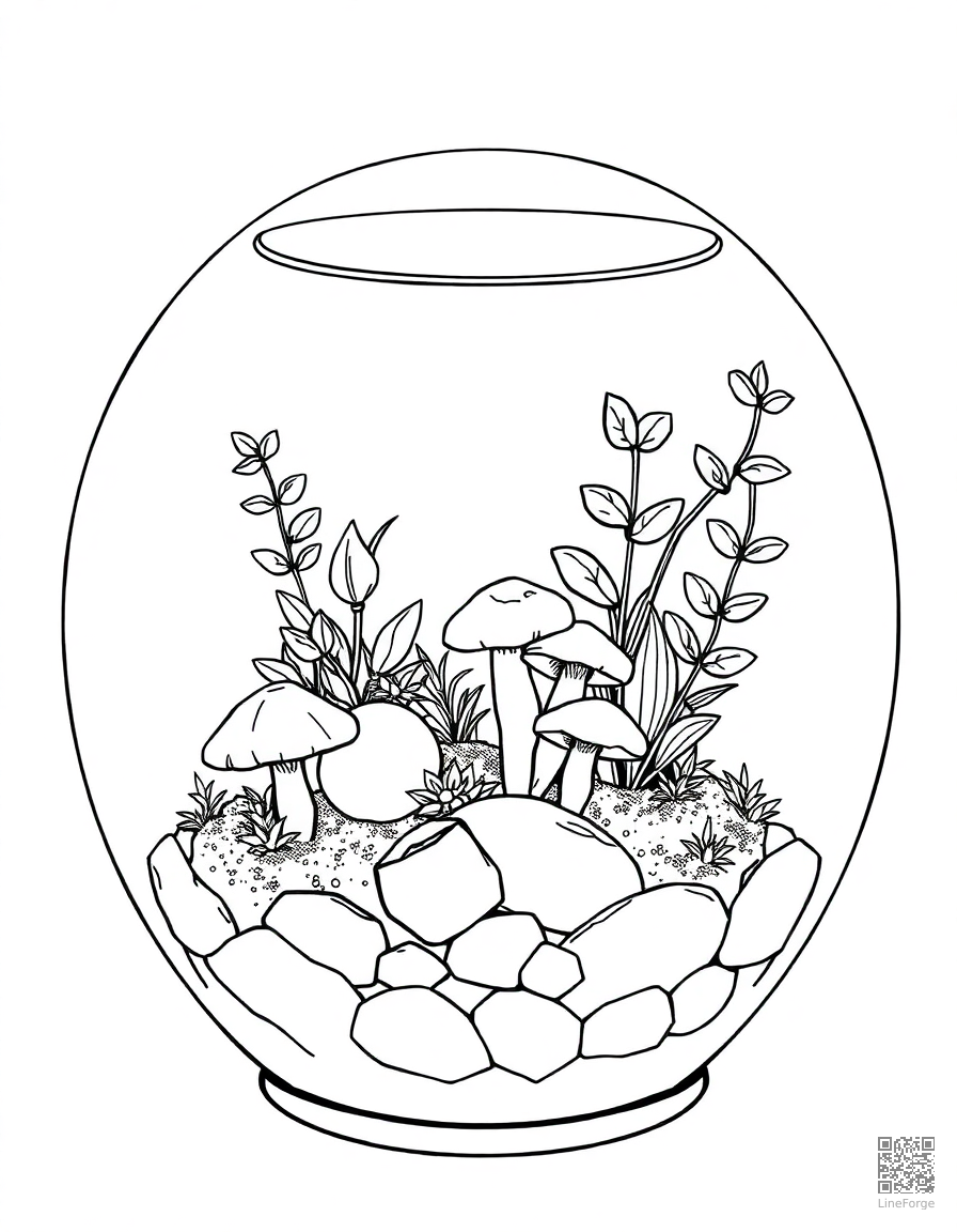 terrarium with tiny plants and mushrooms coloring page Manga style - free printable