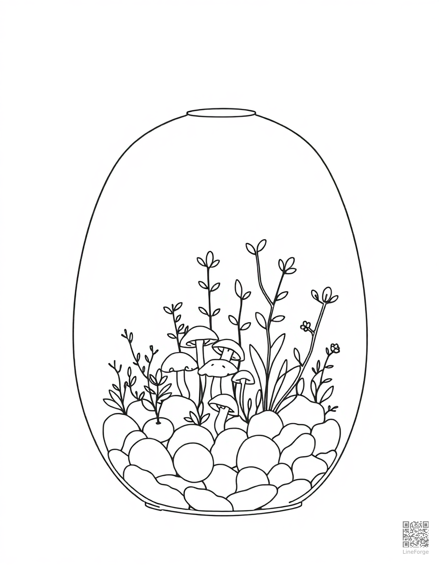 terrarium with tiny plants and mushrooms coloring page Minimal style - free printable