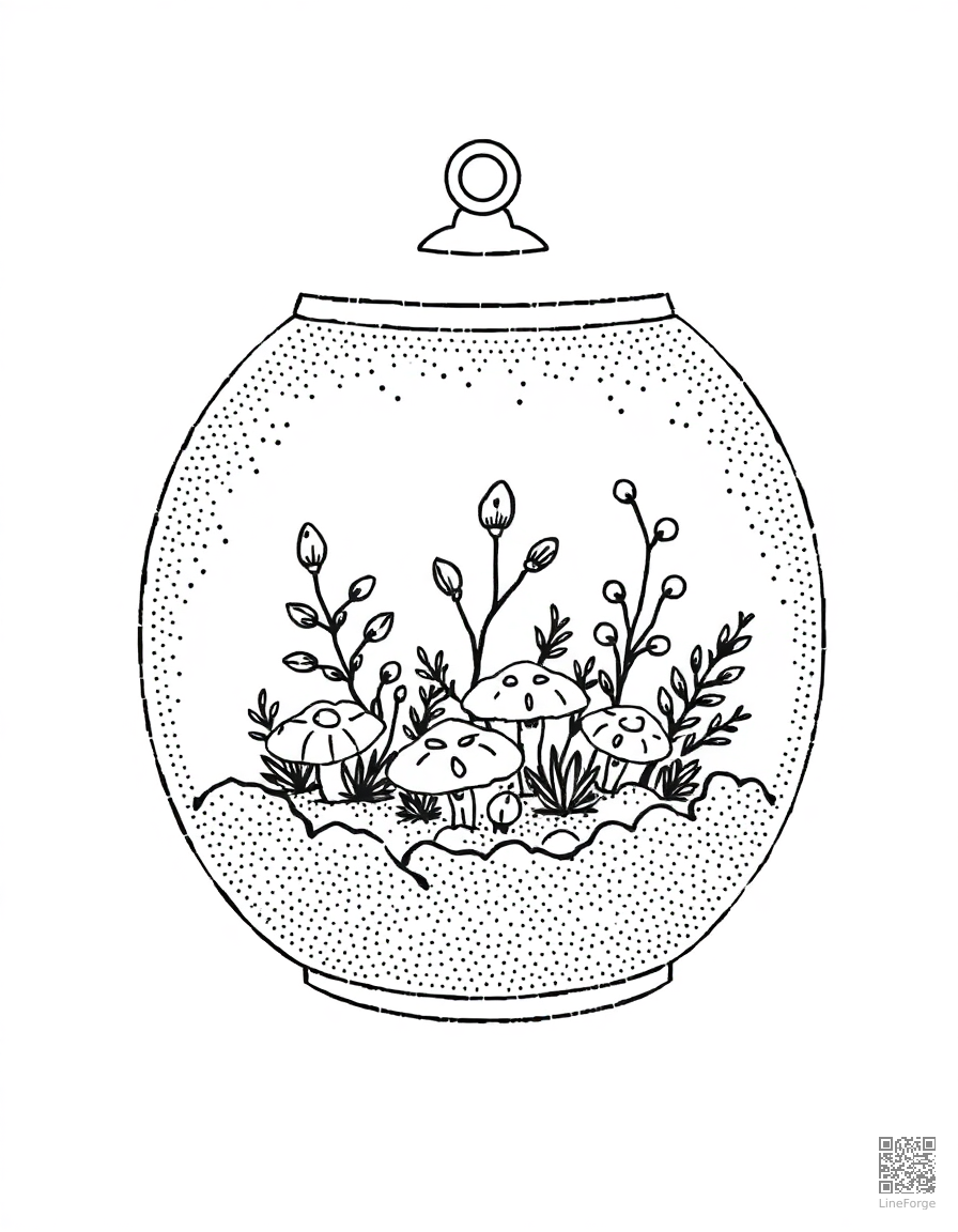 terrarium with tiny plants and mushrooms coloring page Stipple style - free printable