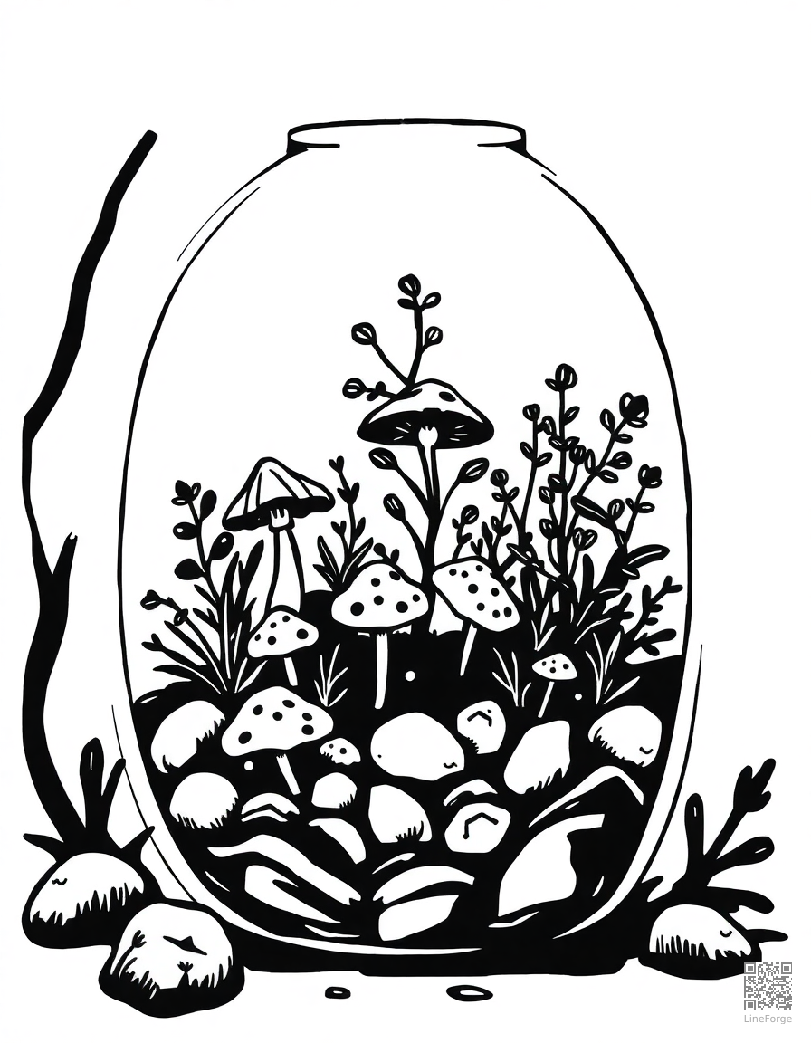 terrarium with tiny plants and mushrooms coloring page Woodcut style - free printable