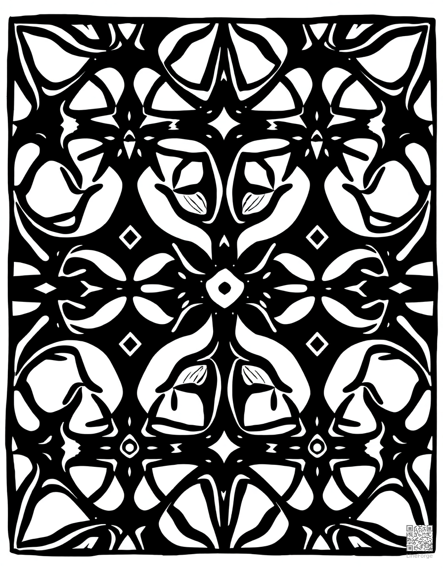 tessellation pattern with interlocking shapes coloring page Woodcut style - free printable