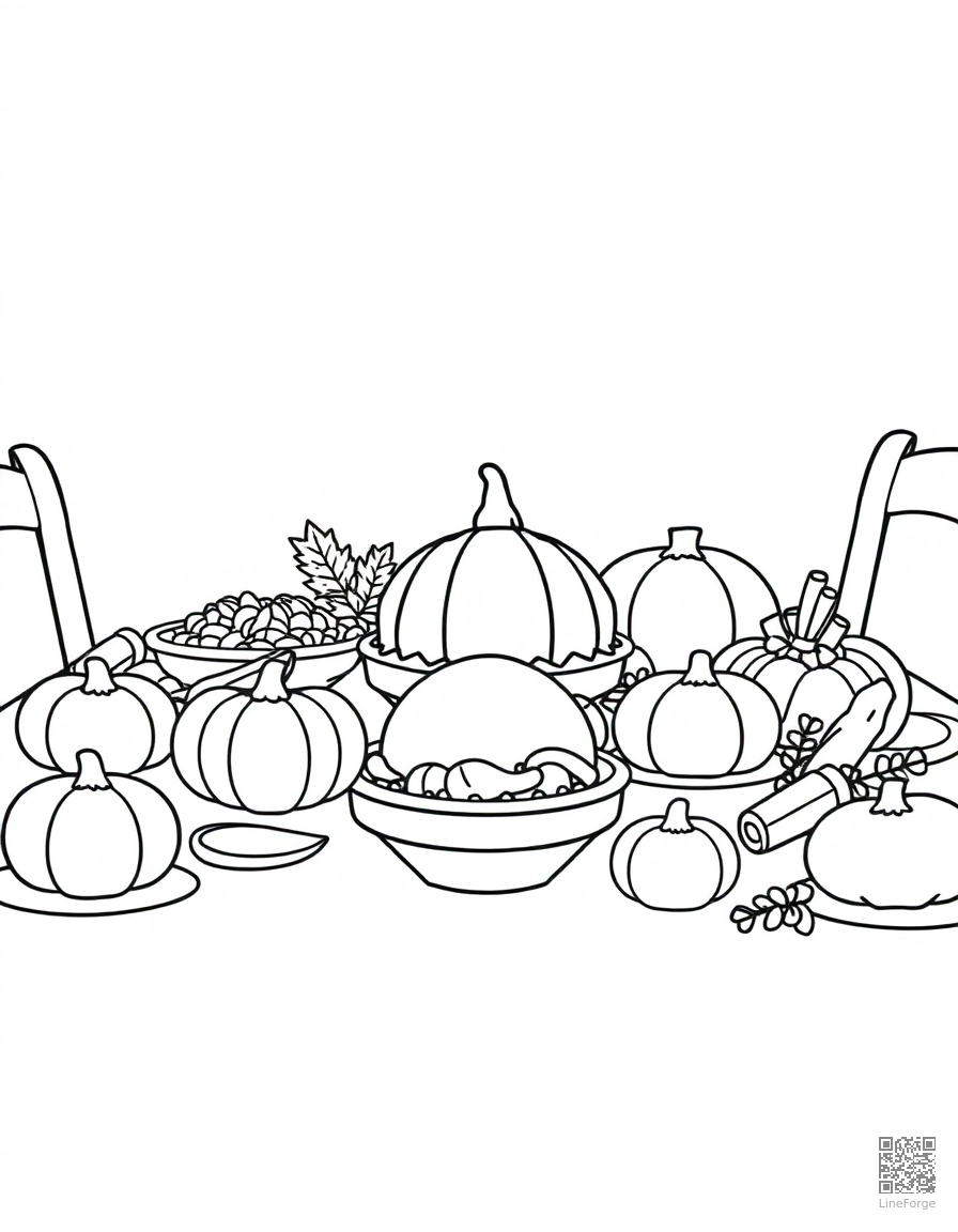thanksgiving feast spread on a table coloring page Contour style - free printable