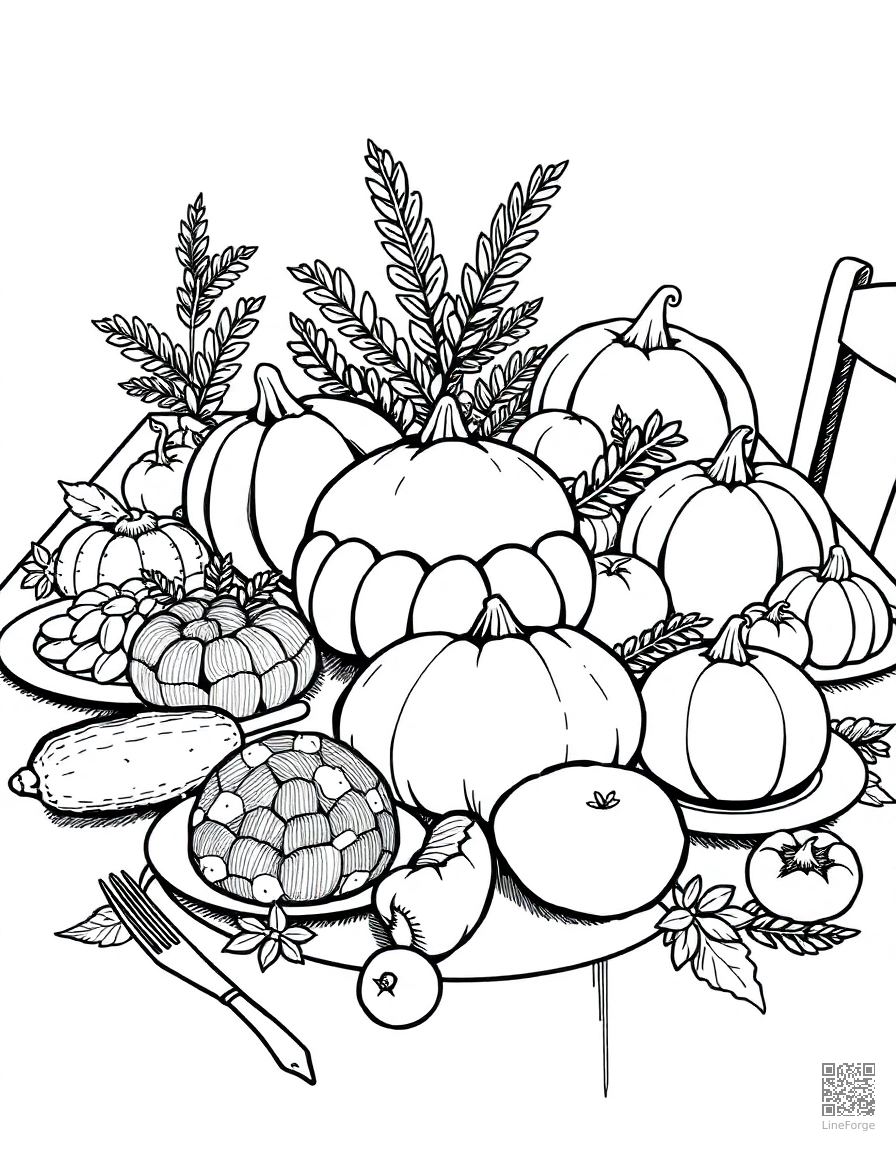 thanksgiving feast spread on a table coloring page Crosshatch style - free printable