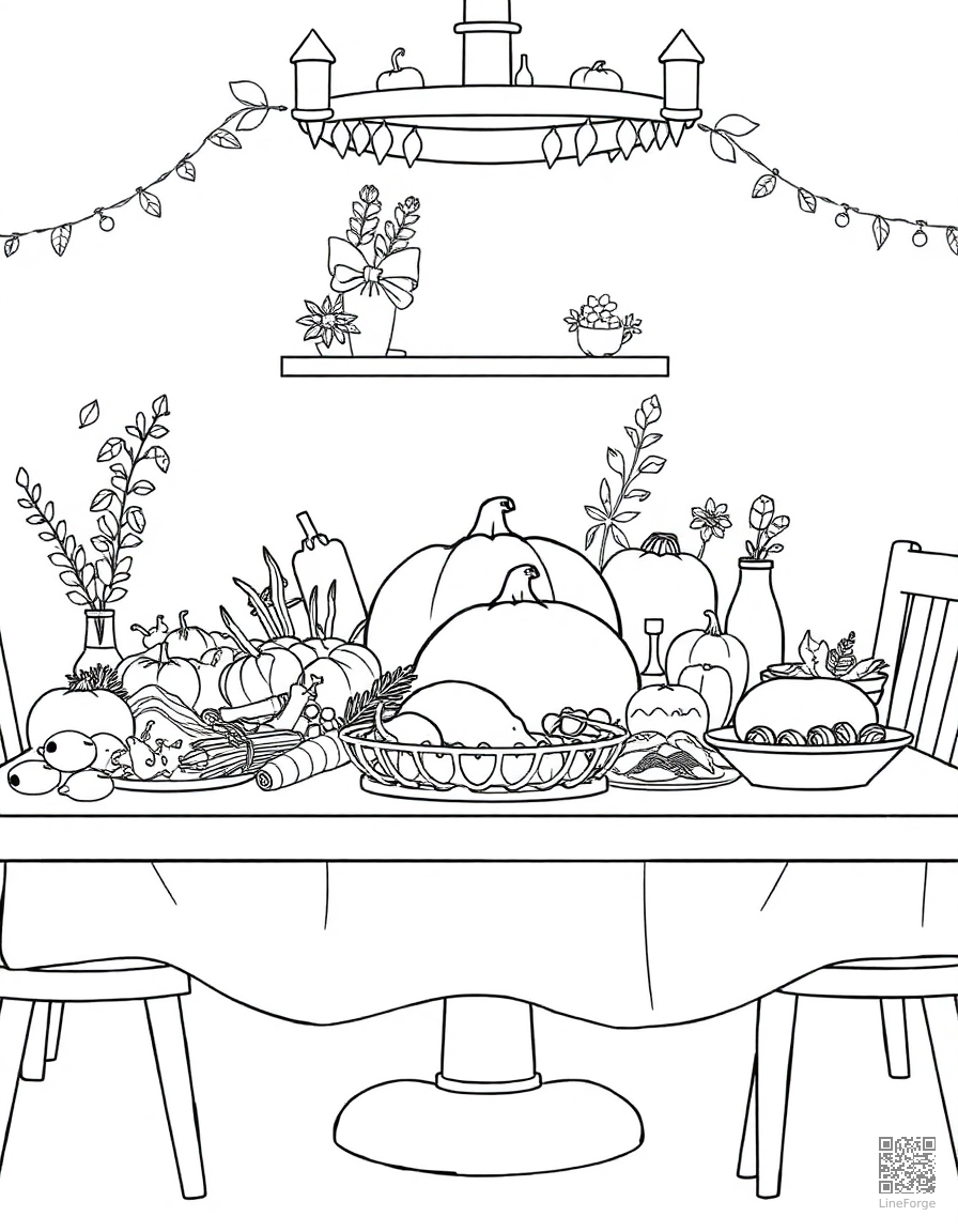 thanksgiving feast spread on a table coloring page Manga style - free printable