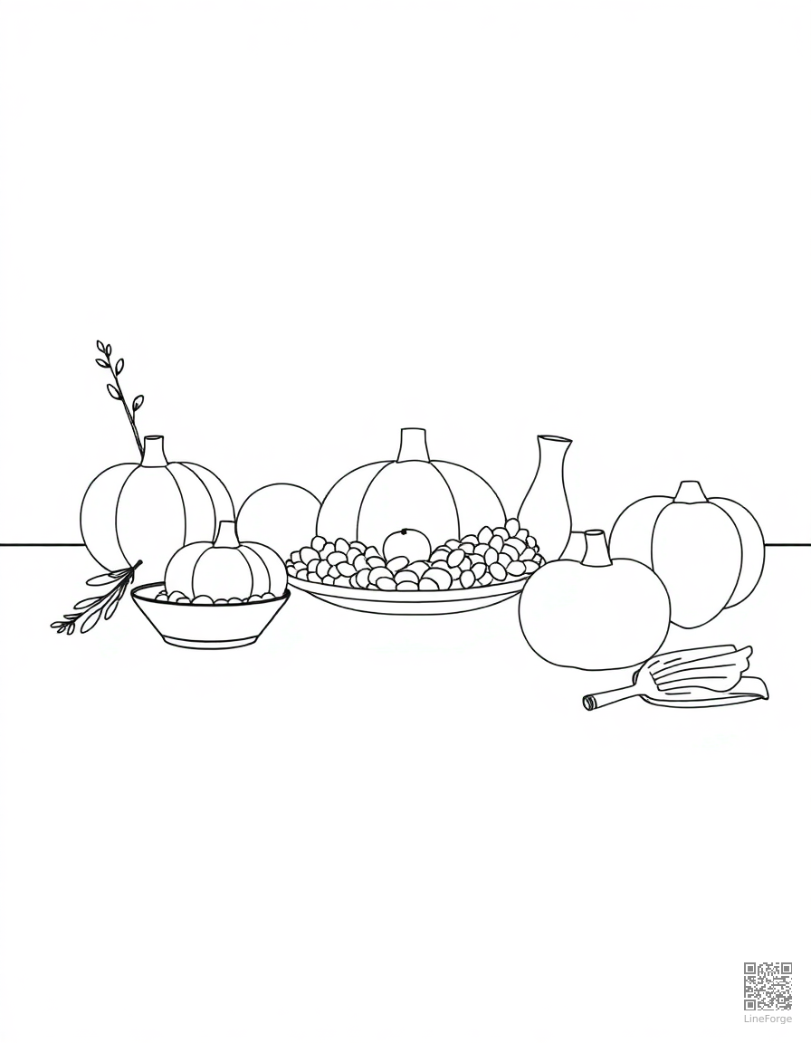 thanksgiving feast spread on a table coloring page Minimal style - free printable