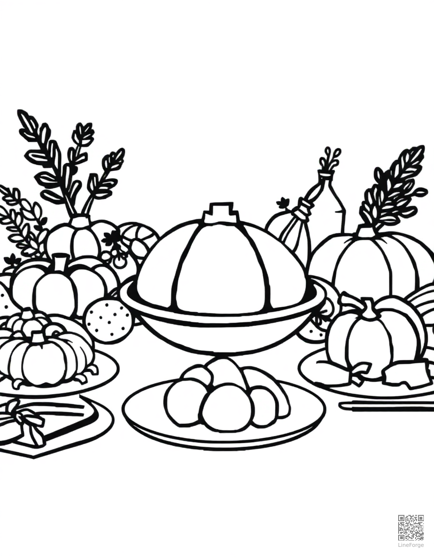thanksgiving feast spread on a table coloring page Stipple style - free printable