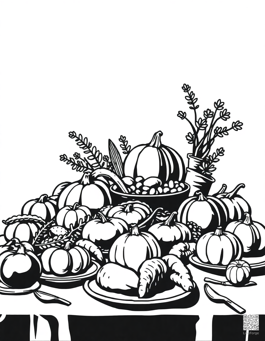 thanksgiving feast spread on a table coloring page Woodcut style - free printable