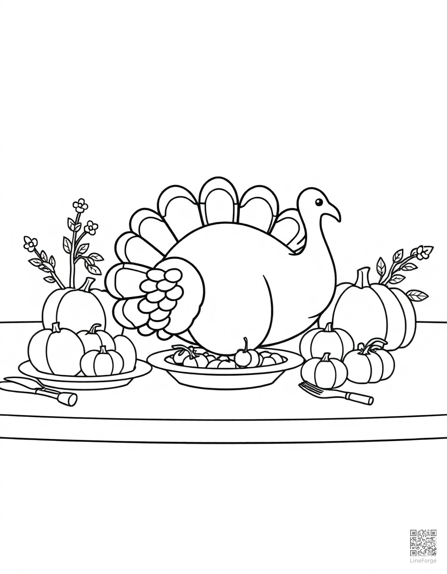 thanksgiving turkey dinner on a table coloring page Contour style - free printable