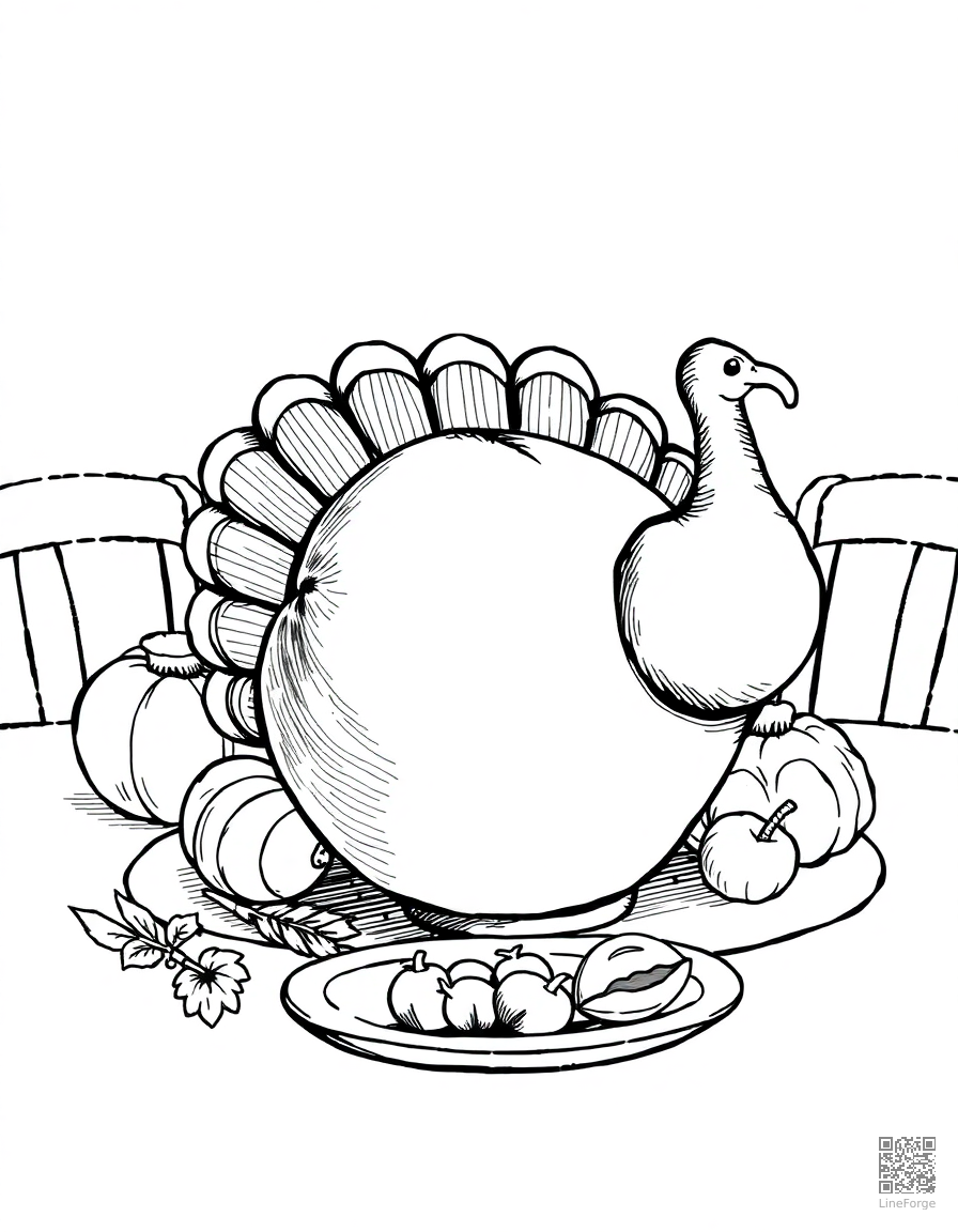 thanksgiving turkey dinner on a table coloring page Crosshatch style - free printable