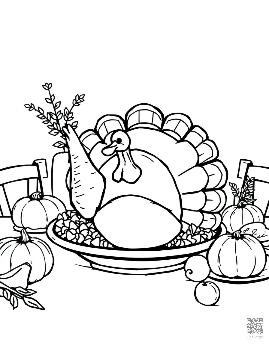 thanksgiving turkey dinner on a table coloring page Manga style - free printable