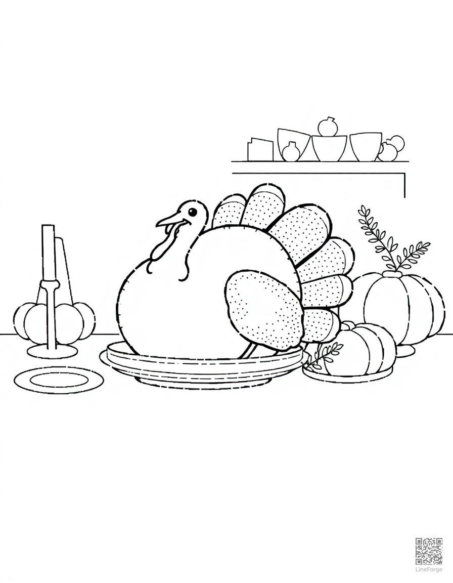 thanksgiving turkey dinner on a table coloring page Stipple style - free printable