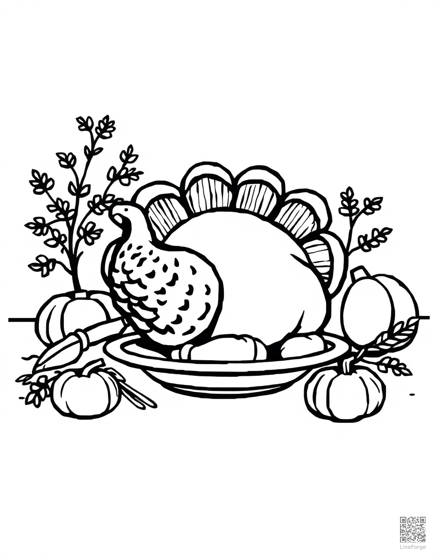 thanksgiving turkey dinner on a table coloring page Woodcut style - free printable