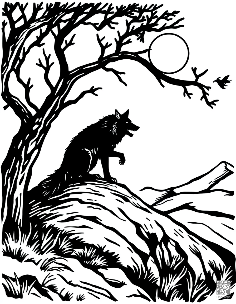 the boy who cried wolf on a hillside coloring page Woodcut style - free printable