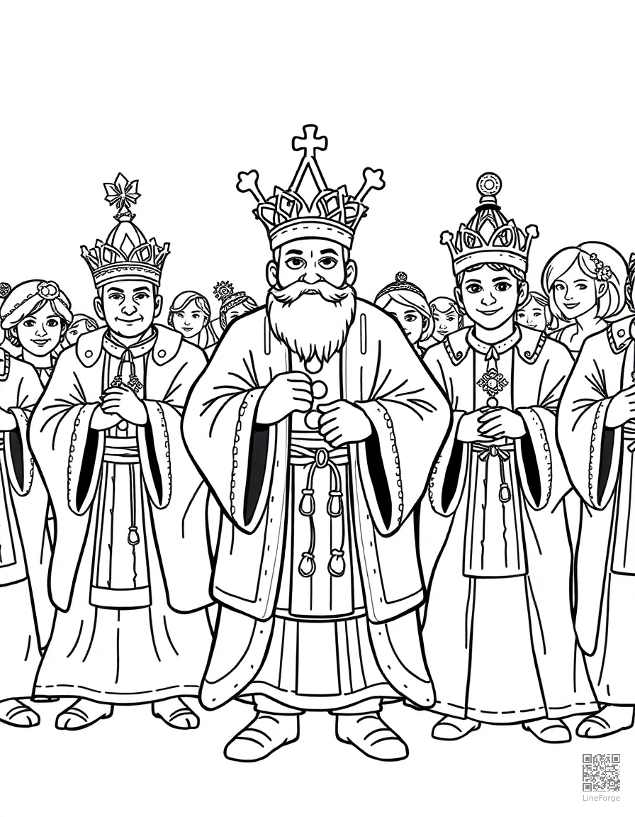 Free the emperors new clothes parade coloring page in contour style — printable line art