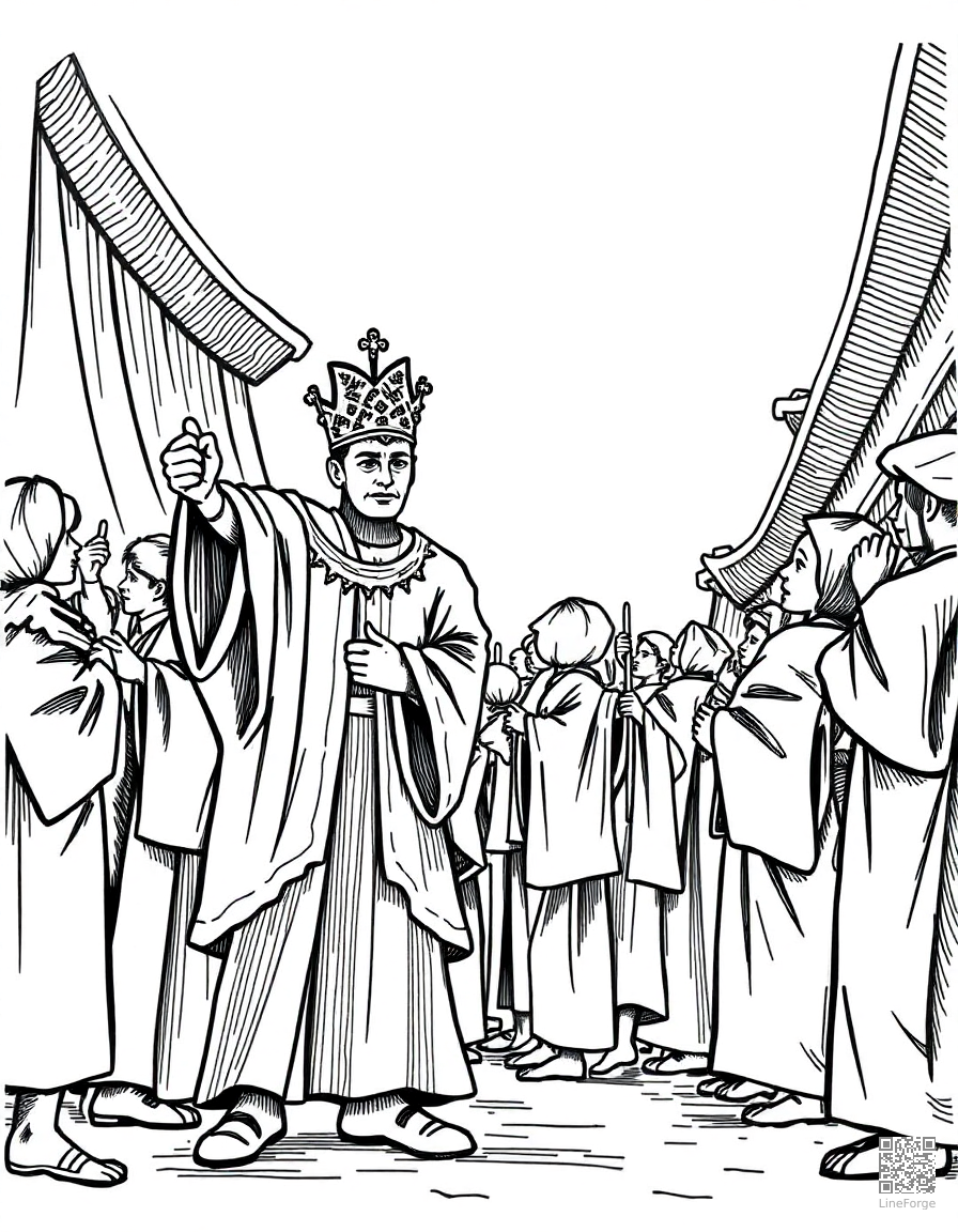 Free the emperors new clothes parade coloring page in crosshatch style — printable line art