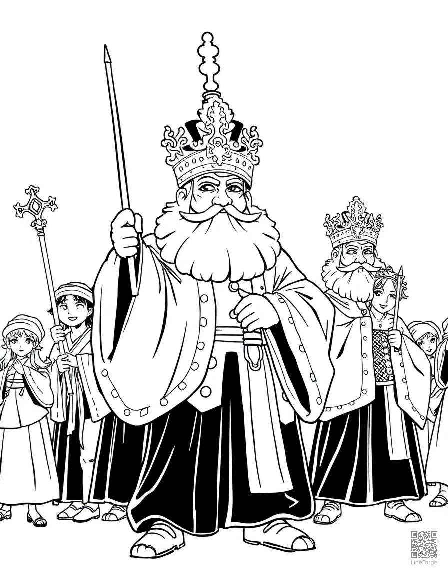 Free the emperors new clothes parade coloring page in manga style — printable line art