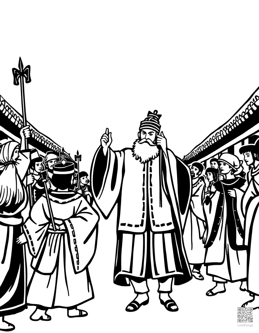 Free the emperors new clothes parade coloring page in woodcut style — printable line art
